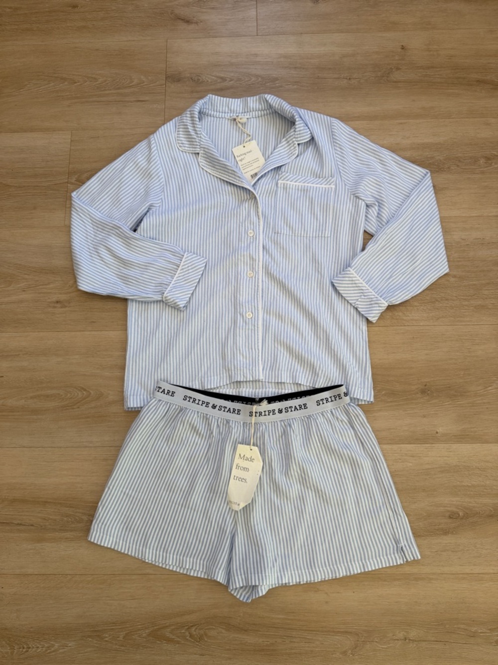 Striped Light Blue Kids Pajama Set by Stripe & Stare - Short Sleeve Top & Shorts